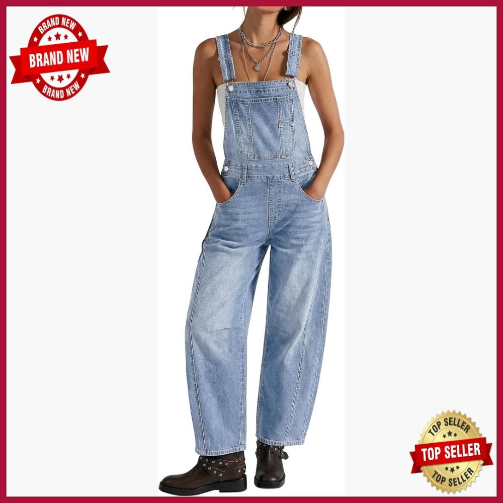 Stretchy Denim Overalls Women Barrel Leg Loose Fit Adjustable Straps Jumpsuit